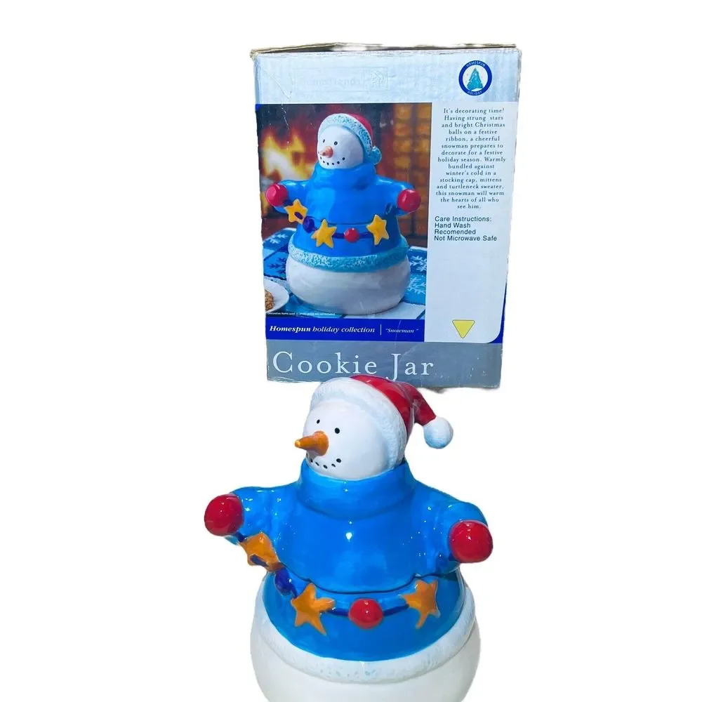 VTG Homespun Holiday Collection Winter Christmas‎ Snowman 10” Cookie Jar w/Box